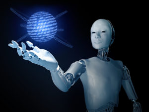 Android holding a binary code globe